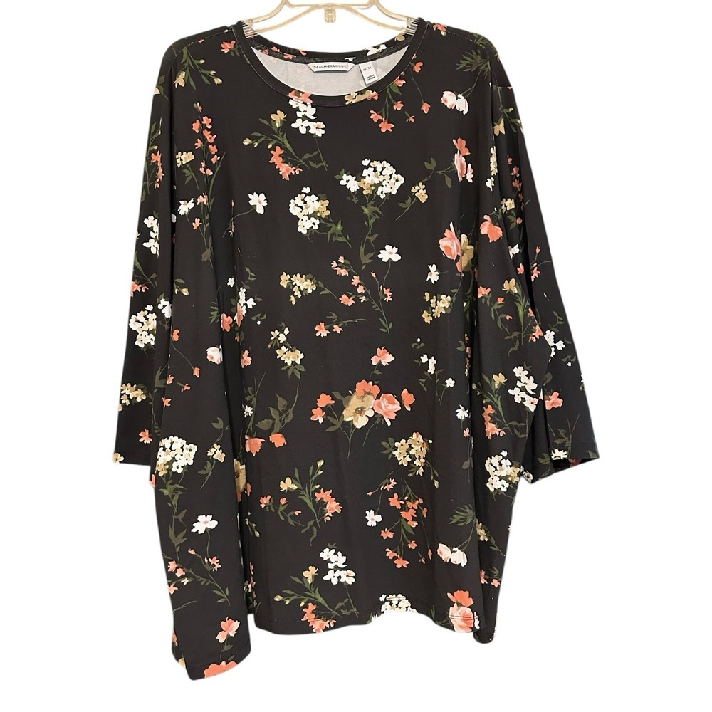 Isaac Mizrahi Live Black Dark Floral Pullover Tunic Top 3/4 Sleeve‎ Sz 5X Plus